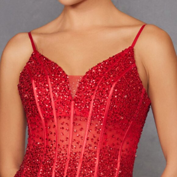 NEW FORMAL SLEEVELESS MERMAID GOWN W/ SHEER SEQUINS EMBELLISHED BODICE JT2883C - Picture 4 of 8